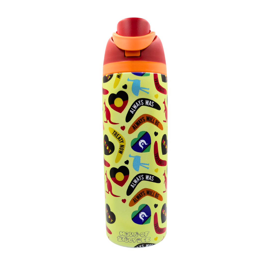 Haus of Ziggy Lee ‘icon bottle’ in icon yellow with a red and orange lid with a laser etched Haus of Ziggy Lee logo in silver on a white background.