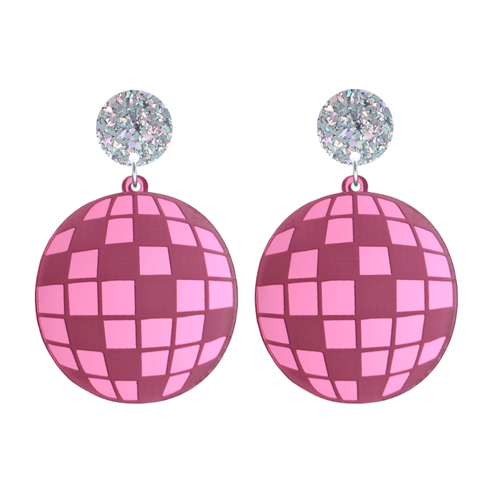 haus of dizzy pink mirror acrylic disco ball earrings with silver glittery tops on a white background size large