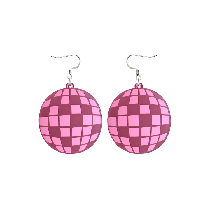 haus of dizzy pink mirror acrylic disco ball earrings with silver hooks on a white background size small