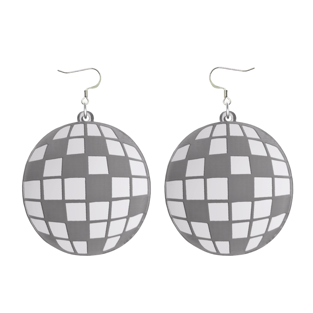 haus of dizzy silver mirror acrylic disco ball earrings with silver hooks on a white background size large