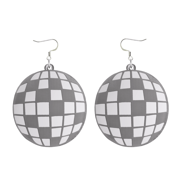 haus of dizzy silver mirror acrylic disco ball earrings with silver hooks on a white background size large