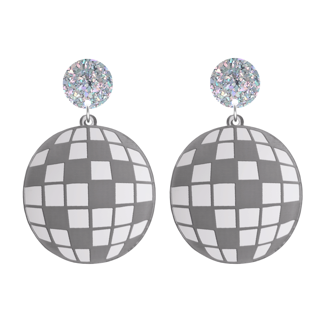 haus of dizzy silver mirror acrylic disco ball earrings with silver glittery tops on a white background size large