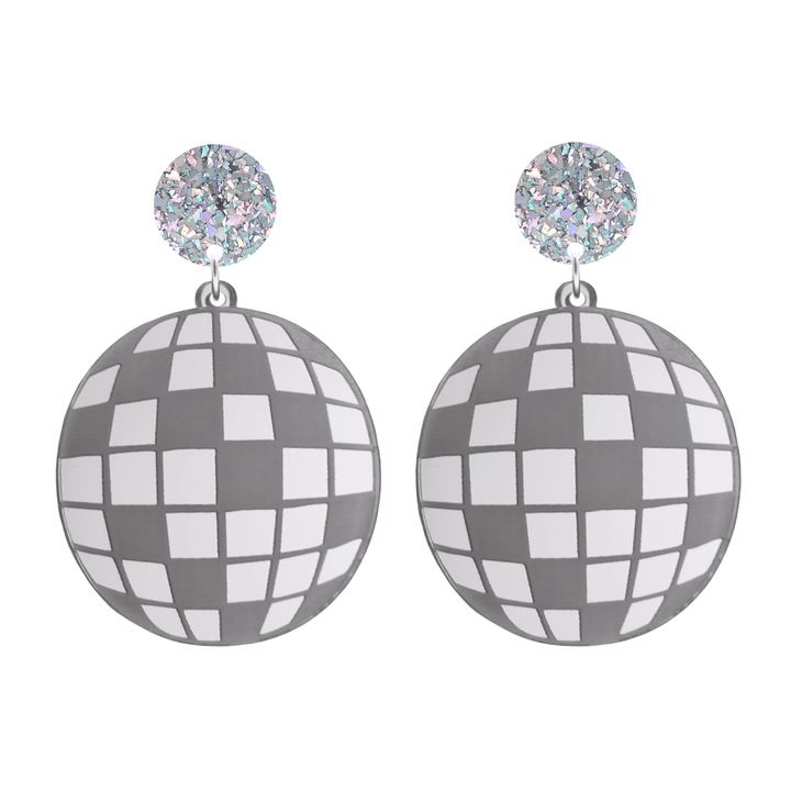 haus of dizzy silver mirror acrylic disco ball earrings with silver glittery tops on a white background size large