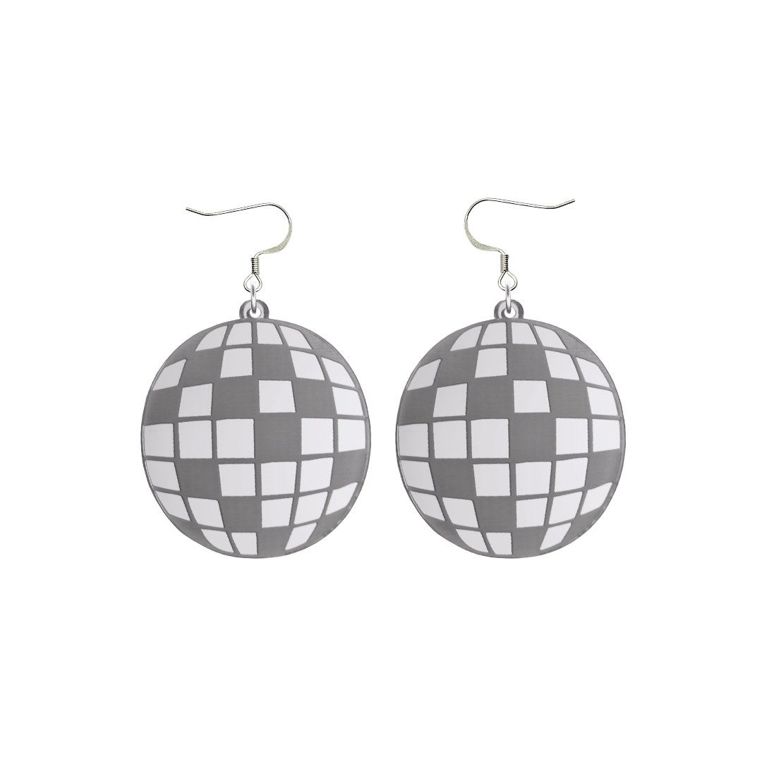 haus of dizzy silver mirror acrylic disco ball earrings with silver hooks on a white background size small