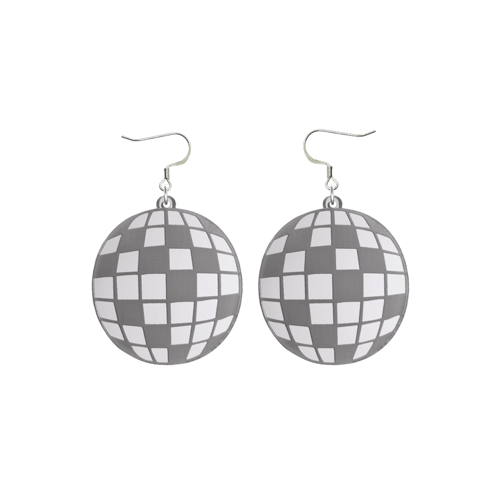 haus of dizzy silver mirror acrylic disco ball earrings with silver hooks on a white background size small