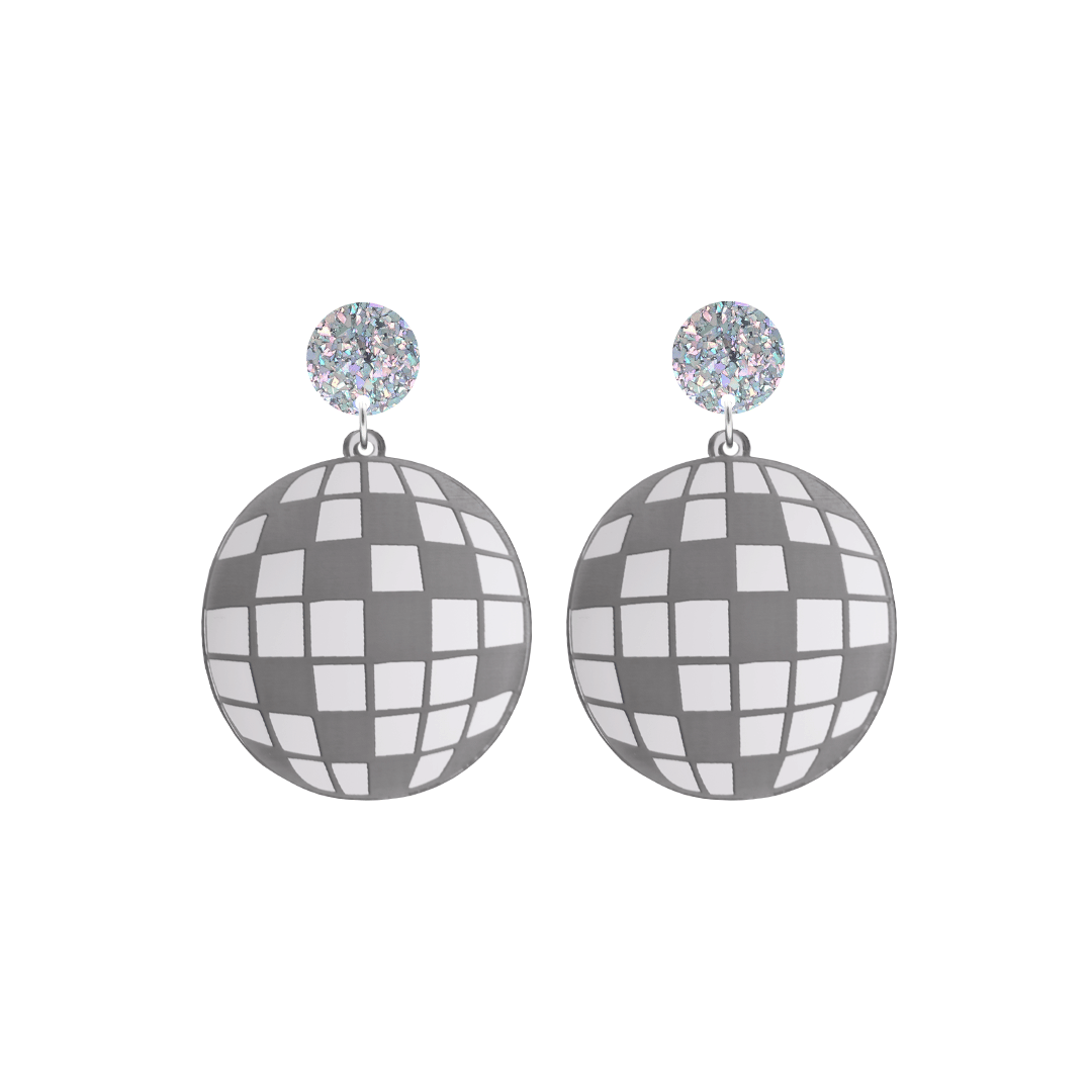 haus of dizzy silver mirror acrylic disco ball earrings with silver glittery tops on a white background size small