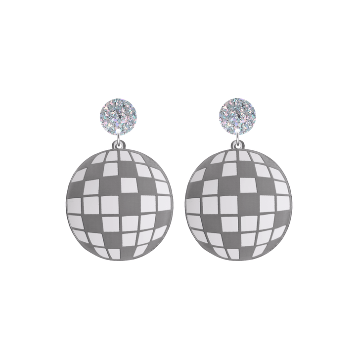 haus of dizzy silver mirror acrylic disco ball earrings with silver glittery tops on a white background size small