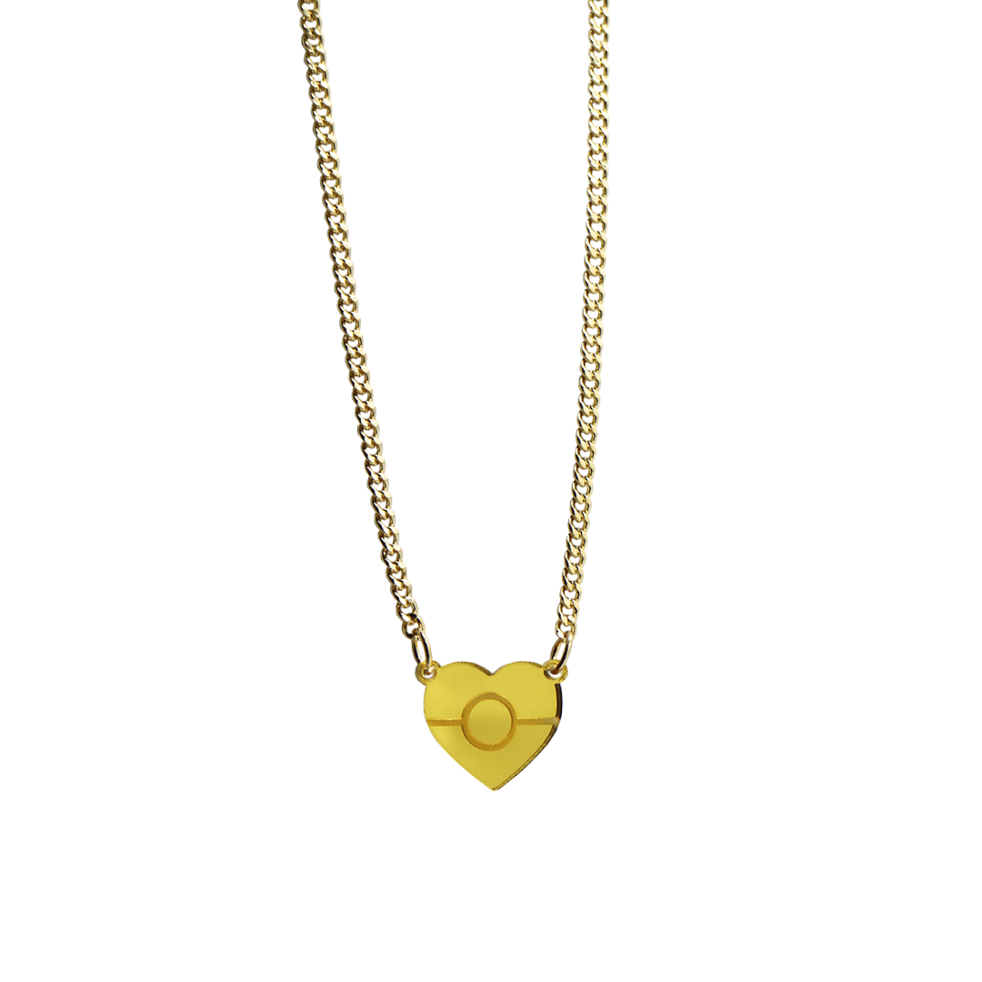 Gold mirror heart-shaped pendant necklace with engraved Aboriginal flag. It is on a white background.