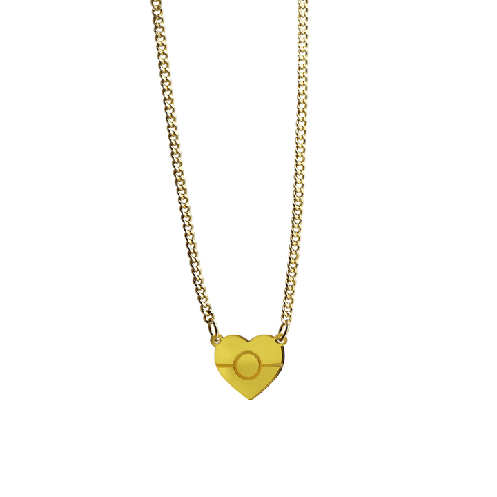 Gold mirror heart-shaped pendant necklace with engraved Aboriginal flag. It is on a white background.