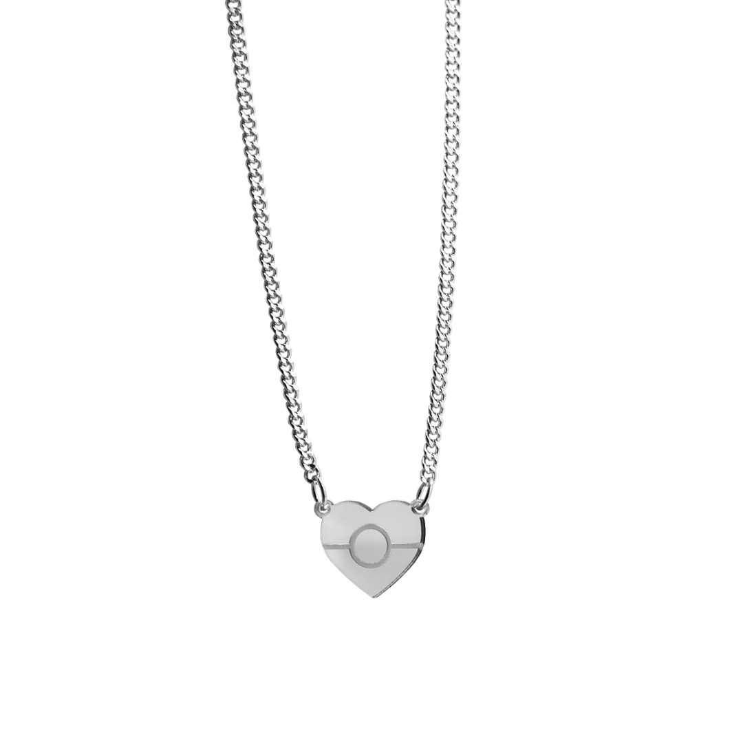 Silver mirror heart-shaped pendant necklace with engraved Aboriginal flag. It is on a white background.