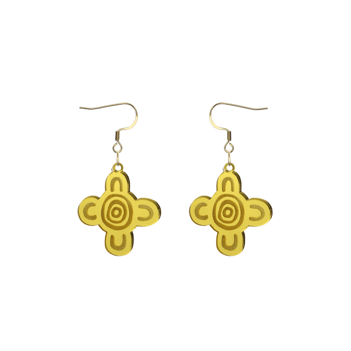 haus of dizzy 'meeting place' mirror earrings in gold mirror. the earring features aboriginal art which represents people coming together, seated at a specific site, camp or gathering place. size small