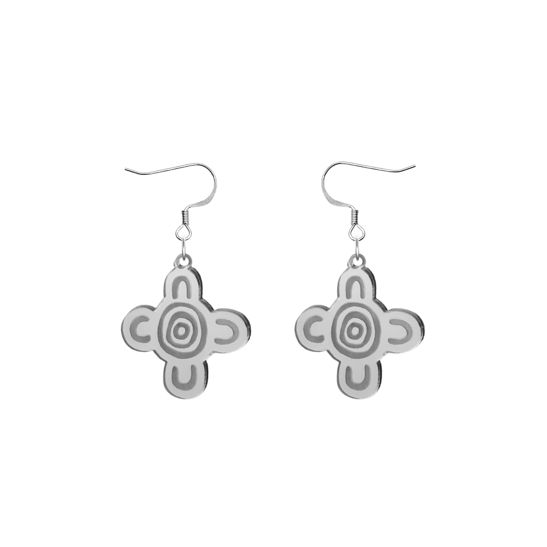 haus of dizzy 'meeting place' mirror earrings in silver mirror. the earring features aboriginal art which represents people coming together, seated at a specific site, camp or gathering place. size small