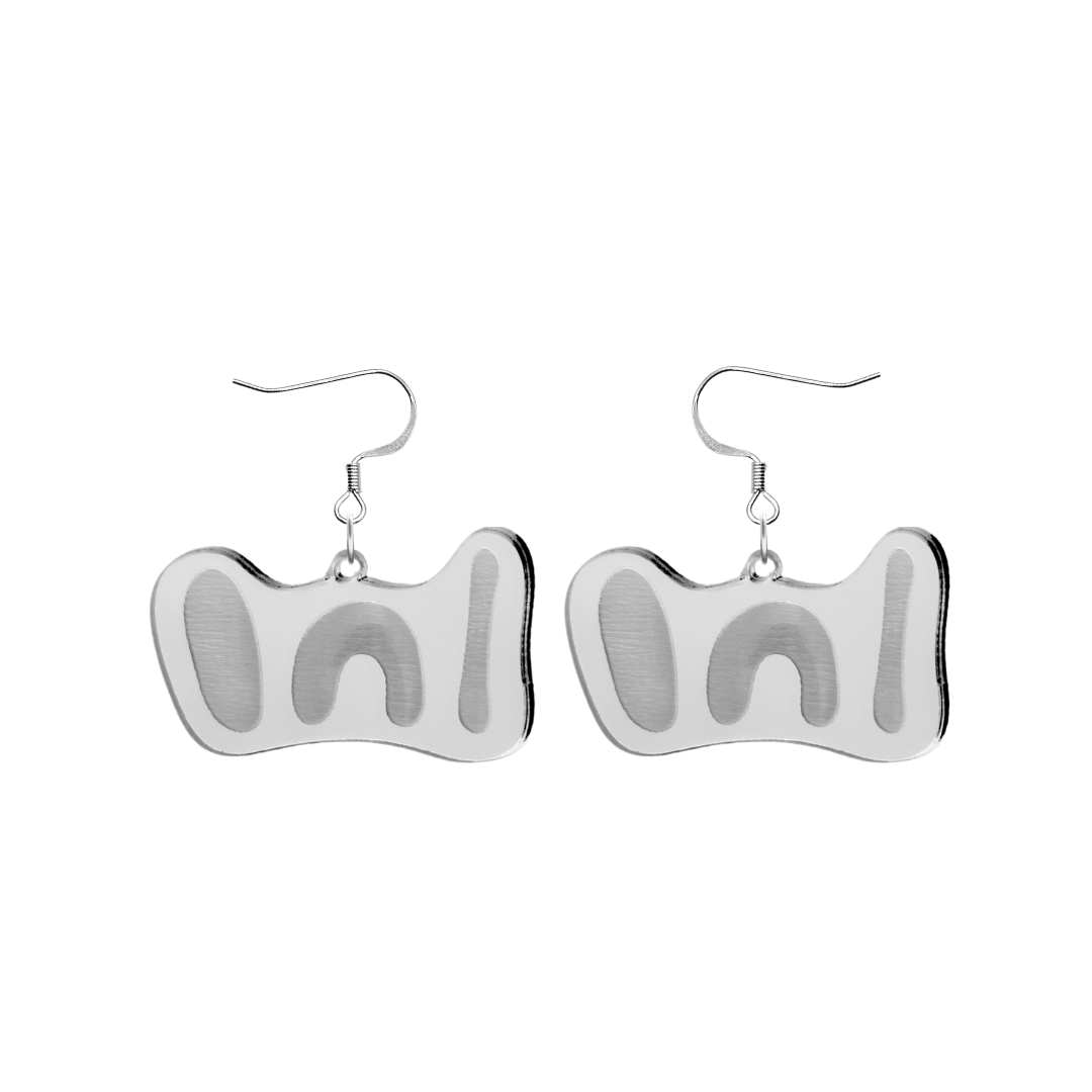 haus of dizzy 'woman' mirror earrings in silver mirror. the earring features aboriginal art which is a figure of a woman, with a coolamon on one side and a digging stick on the other. size small