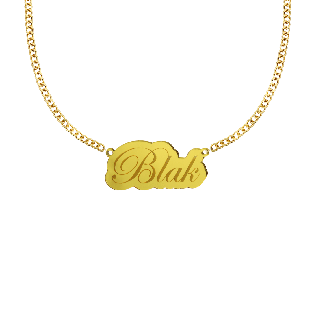 Gold mirror acrylic necklace with a pendant engraved with 'Blak' on a white background