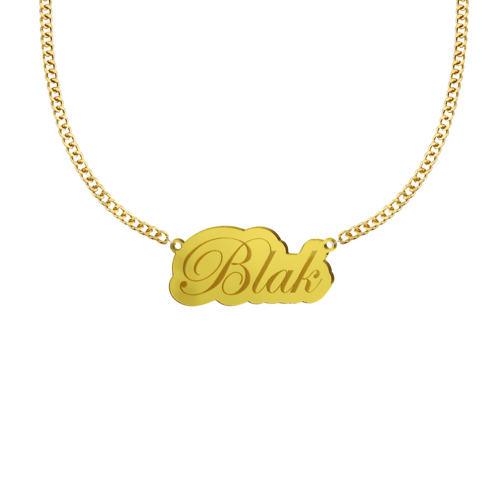 Gold mirror acrylic necklace with a pendant engraved with 'Blak' on a white background