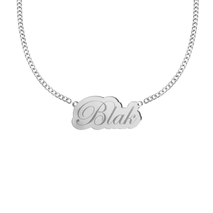 Silver mirror acrylic necklace with a pendant engraved with 'Blak' on a white background
