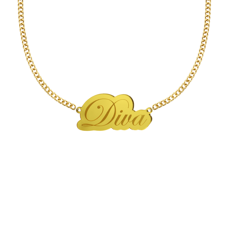 Gold mirror acrylic necklace with a pendant engraved with 'Diva' on a white background