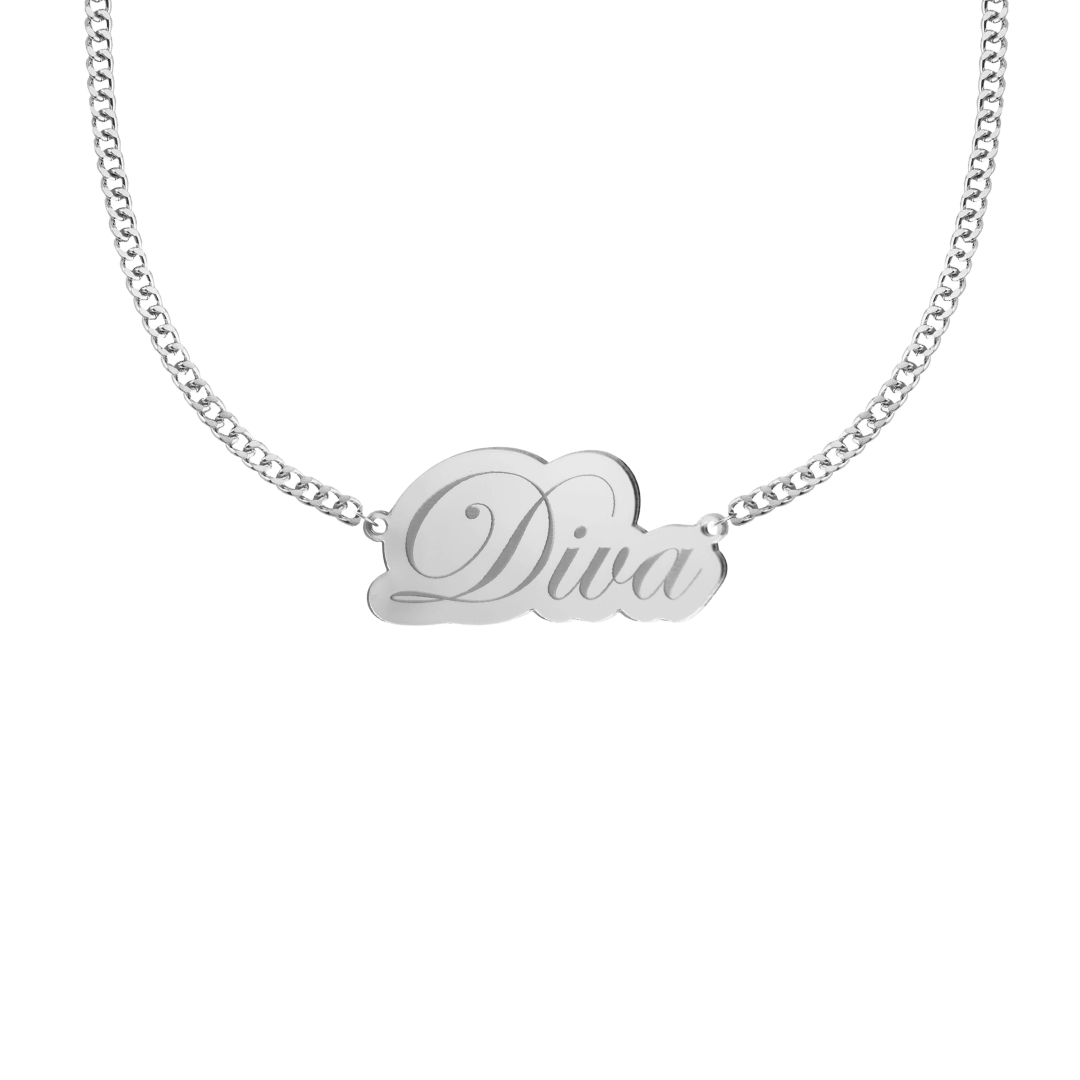 Silver mirror acrylic necklace with a pendant engraved with 'Diva' on a white background