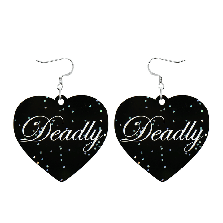 Black glitter Heart-shaped earrings with white text that says 'Deadly', and silver hooks (no heart tops) on a white background