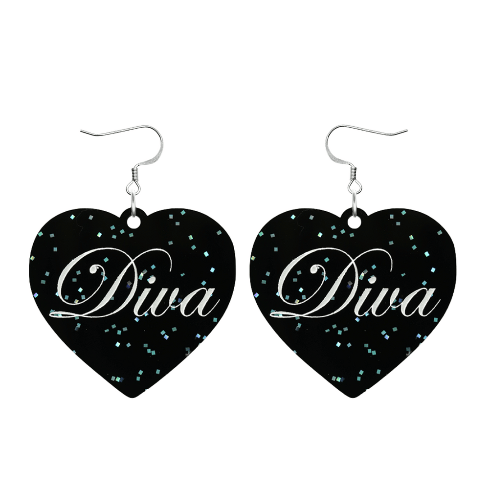 Black glitter Heart-shaped earrings with 'Diva' text and silver hooks (no heart tops) on a white background
