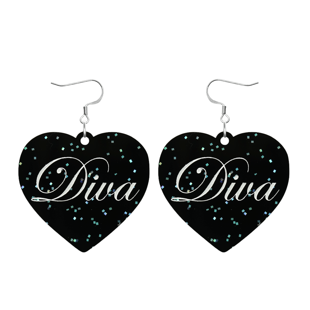 Black glitter Heart-shaped earrings with 'Diva' text and silver hooks (no heart tops) on a white background