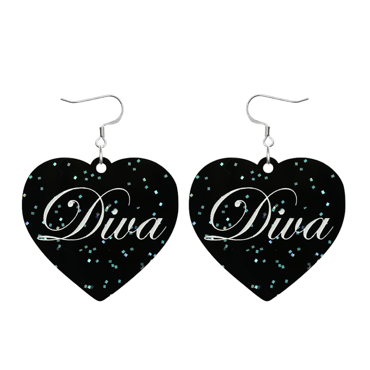 Black glitter Heart-shaped earrings with 'Diva' text and silver hooks (no heart tops) on a white background