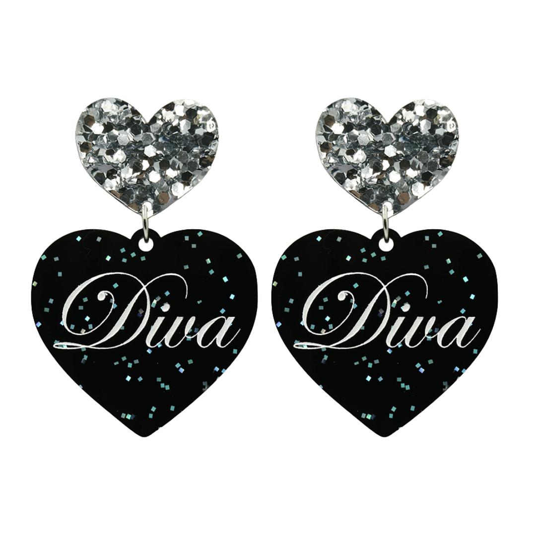 Black glitter Heart-shaped earrings with 'Diva' text and silver glitter heart tops on a white background