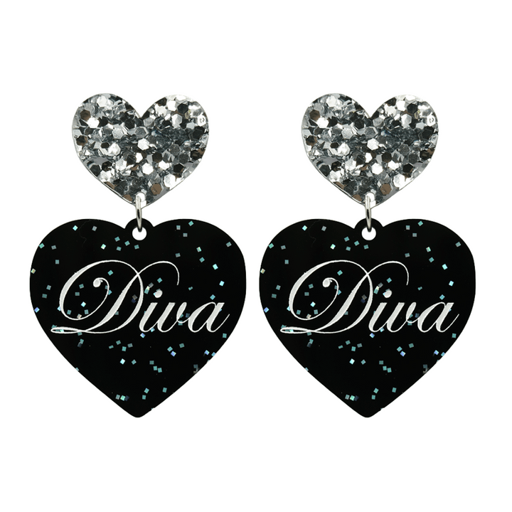 Black glitter Heart-shaped earrings with 'Diva' text and silver glitter heart tops on a white background