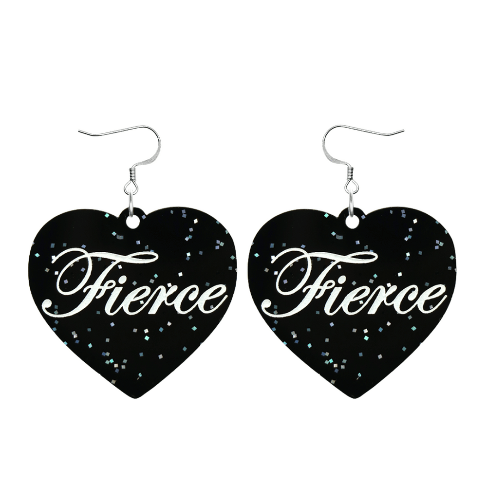 Black glitter Heart-shaped earrings with white text that says 'Fierce', and silver hooks (no heart tops) on a white background