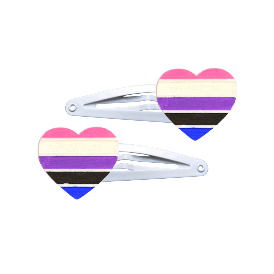 Two heart-shaped gender-fluid pride flag hair clips on a white background