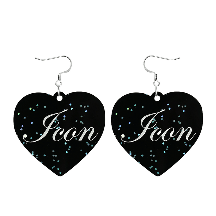 Black glitter Heart-shaped earrings with white text that says 'Icon', and silver hooks (no heart tops) on a white background