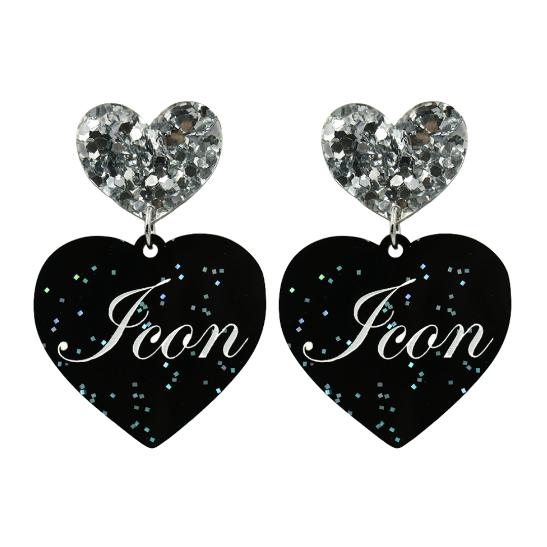 Black glitter Heart-shaped earrings with white text that says 'Icon', and silver glitter heart tops on a white background