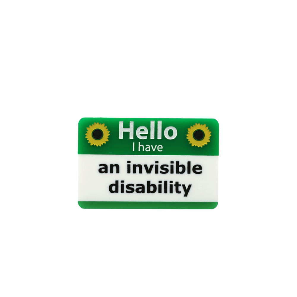 haus of dizzy green and white name badge with painted sunflowers with text that reads hello i have an invisible disability size small