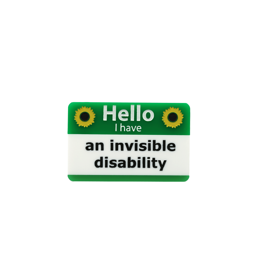 haus of dizzy green and white name badge with painted sunflowers with text that reads hello i have an invisible disability size small