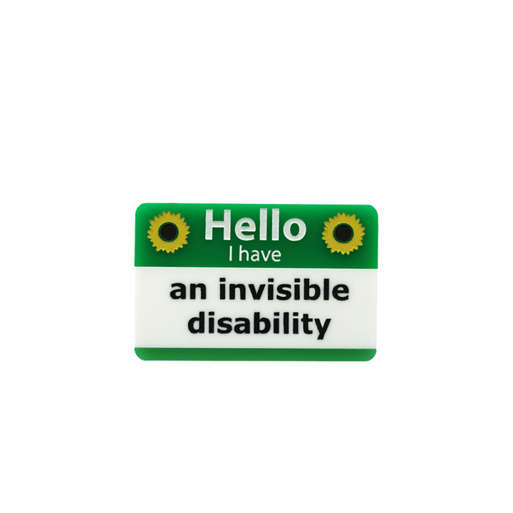 haus of dizzy green and white name badge with painted sunflowers with text that reads hello i have an invisible disability size small