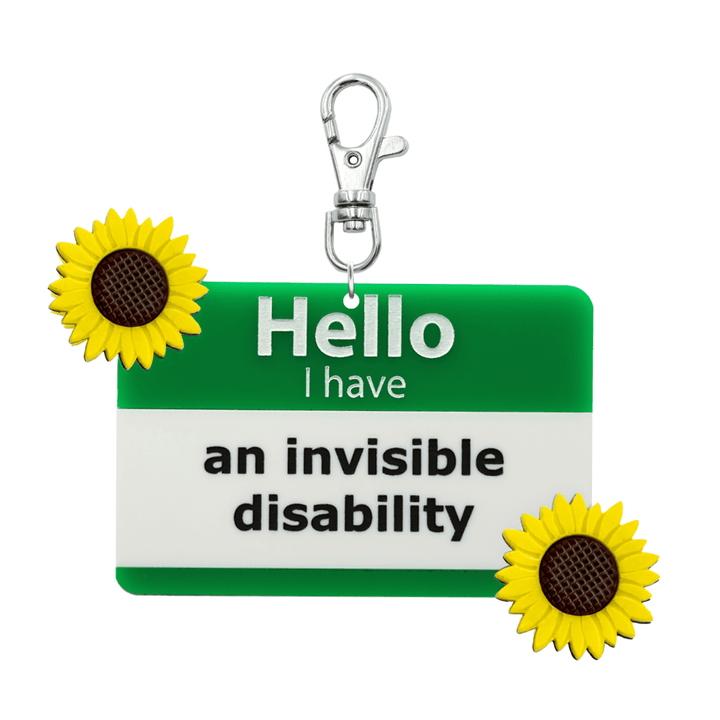 haus of dizzy green and white lanyard tag keychain with painted sunflowers with text that reads hello i have an invisible disability size large