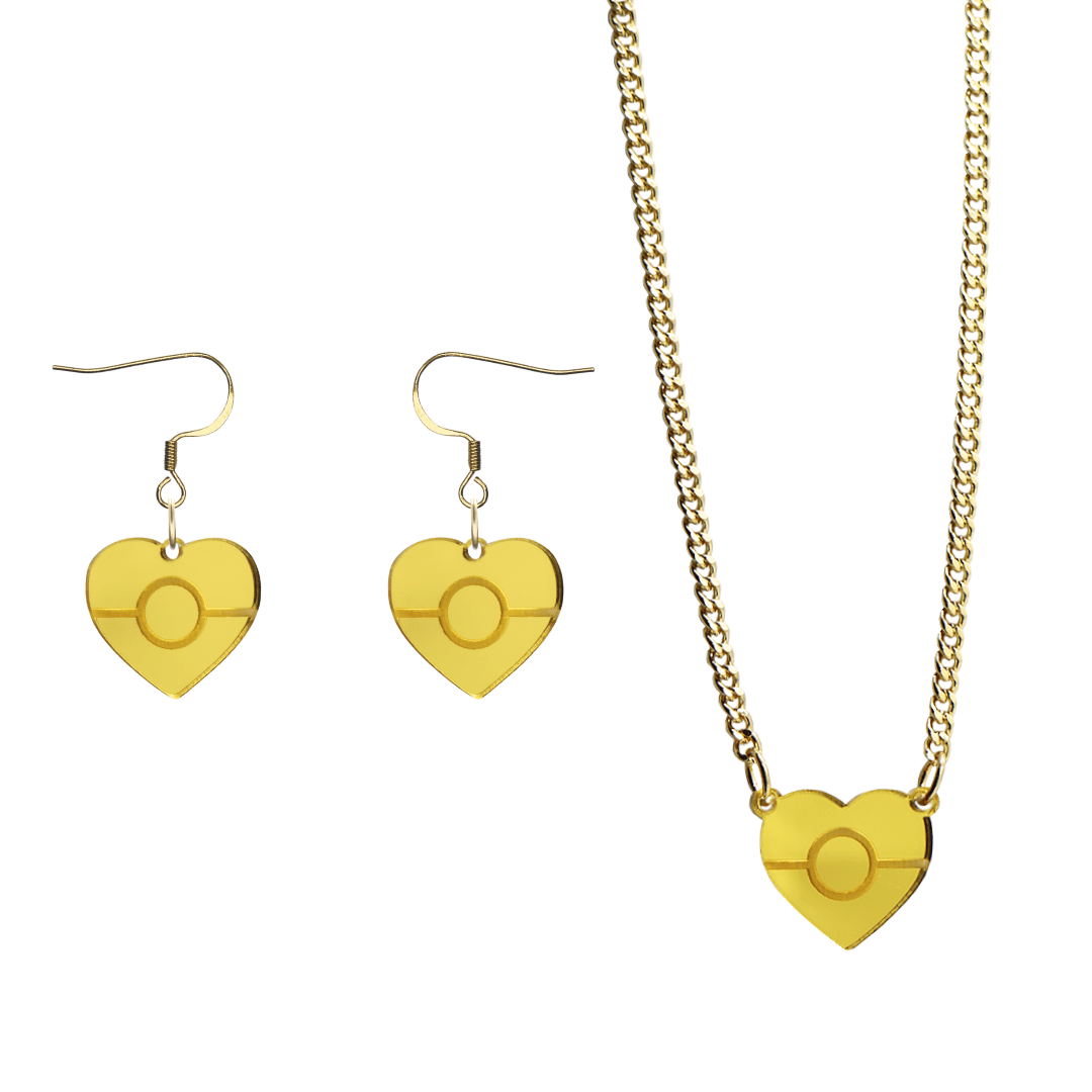 haus of dizzy heart shaped mini aboriginal flag earrings and necklace bundle in gold mirror with gold hooks and gold chain. on a white background