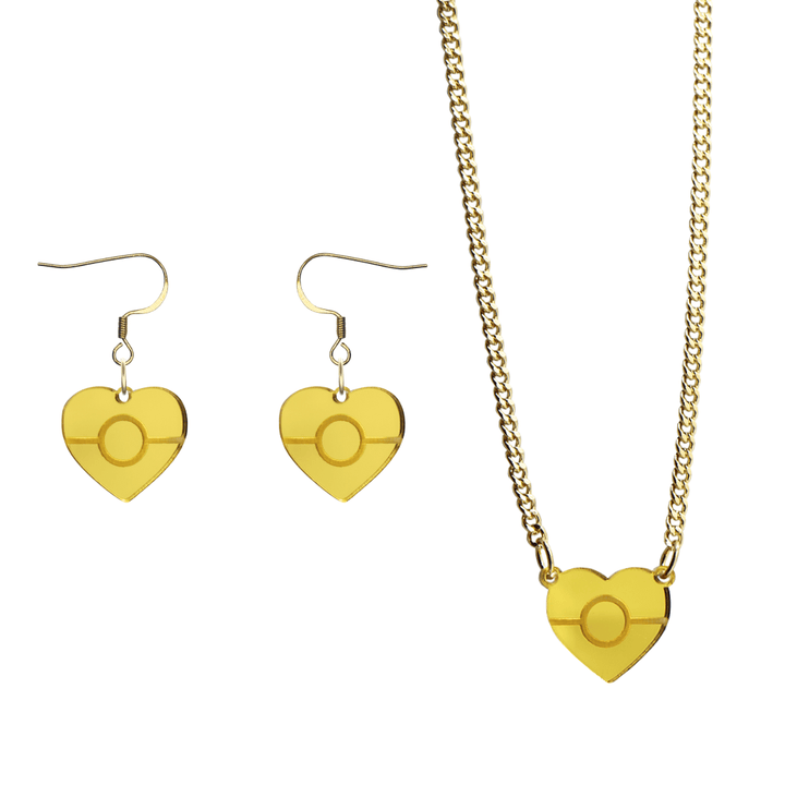 haus of dizzy heart shaped mini aboriginal flag earrings and necklace bundle in gold mirror with gold hooks and gold chain. on a white background