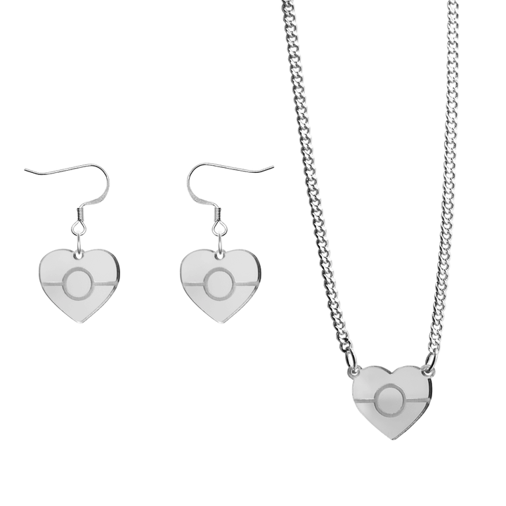 haus of dizzy heart shaped mini aboriginal flag earrings and necklace bundle in silver mirror with silver hooks and silver chain. on a white background