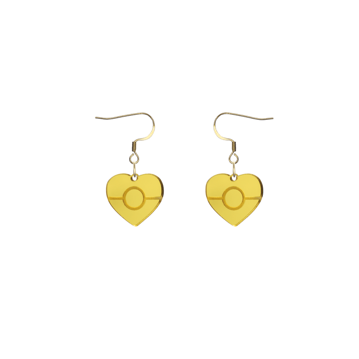 haus of dizzy heart shaped mini aboriginal flag earrings in gold mirror with gold hooks. on a white background