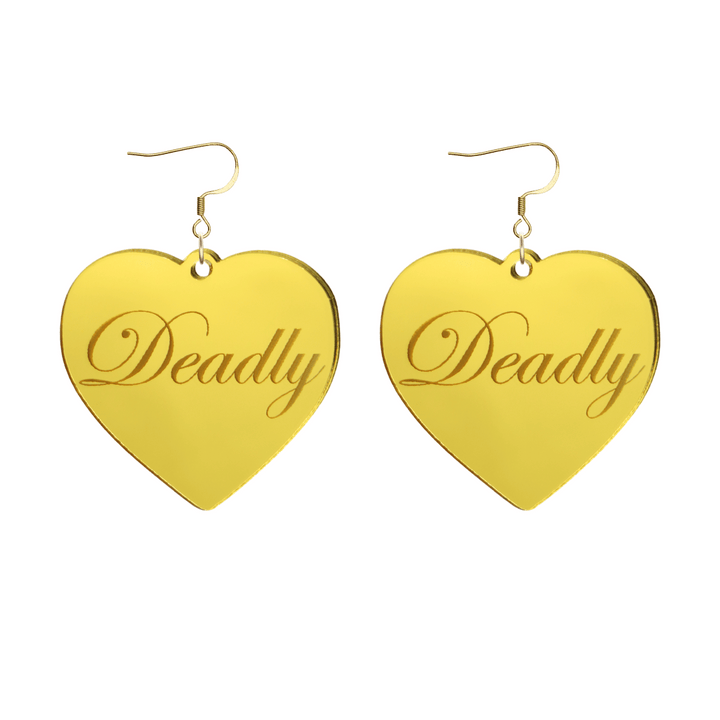 Heart-shaped gold mirror acrylic earrings with 'Deadly' engraving on a white background