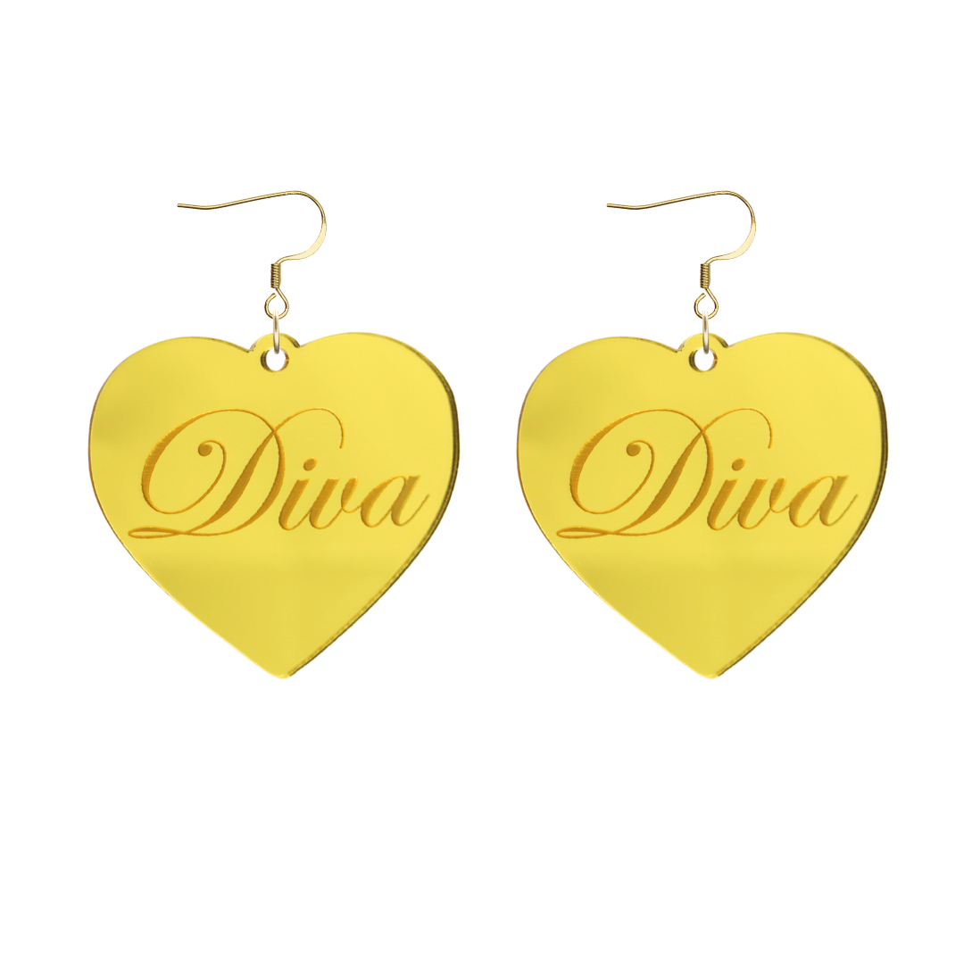Heart-shaped gold mirror acrylic earrings with 'Diva' engraving on a white background