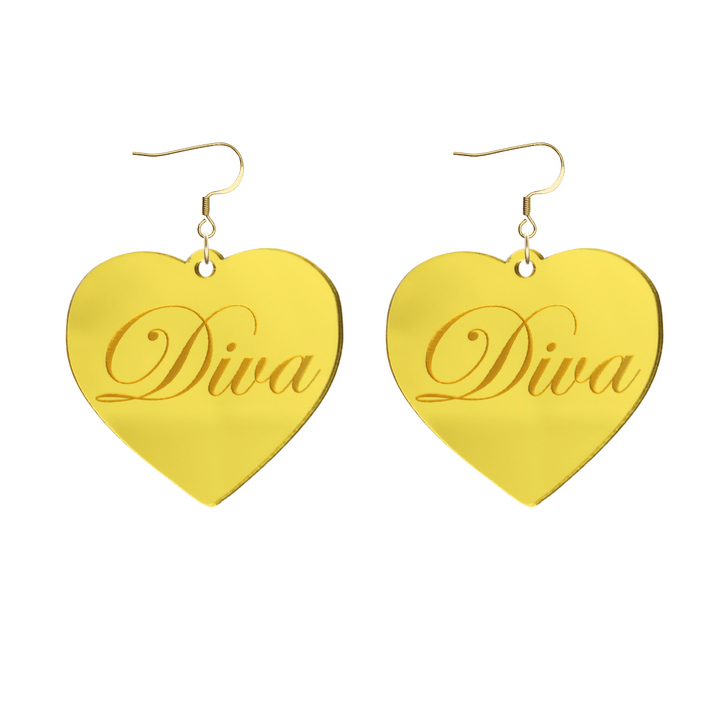 Heart-shaped gold mirror acrylic earrings with 'Diva' engraving on a white background