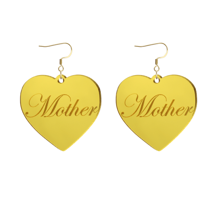 Heart-shaped gold mirror acrylic earrings with 'Mother' engraving on a white background