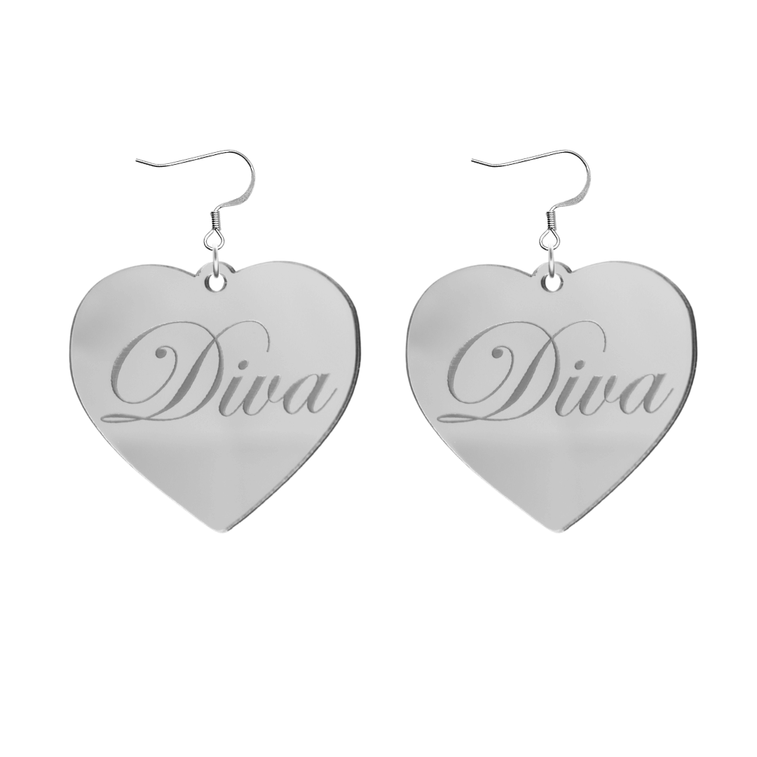 Heart-shaped silver mirror acrylic earrings with 'Diva' engraving on a white background