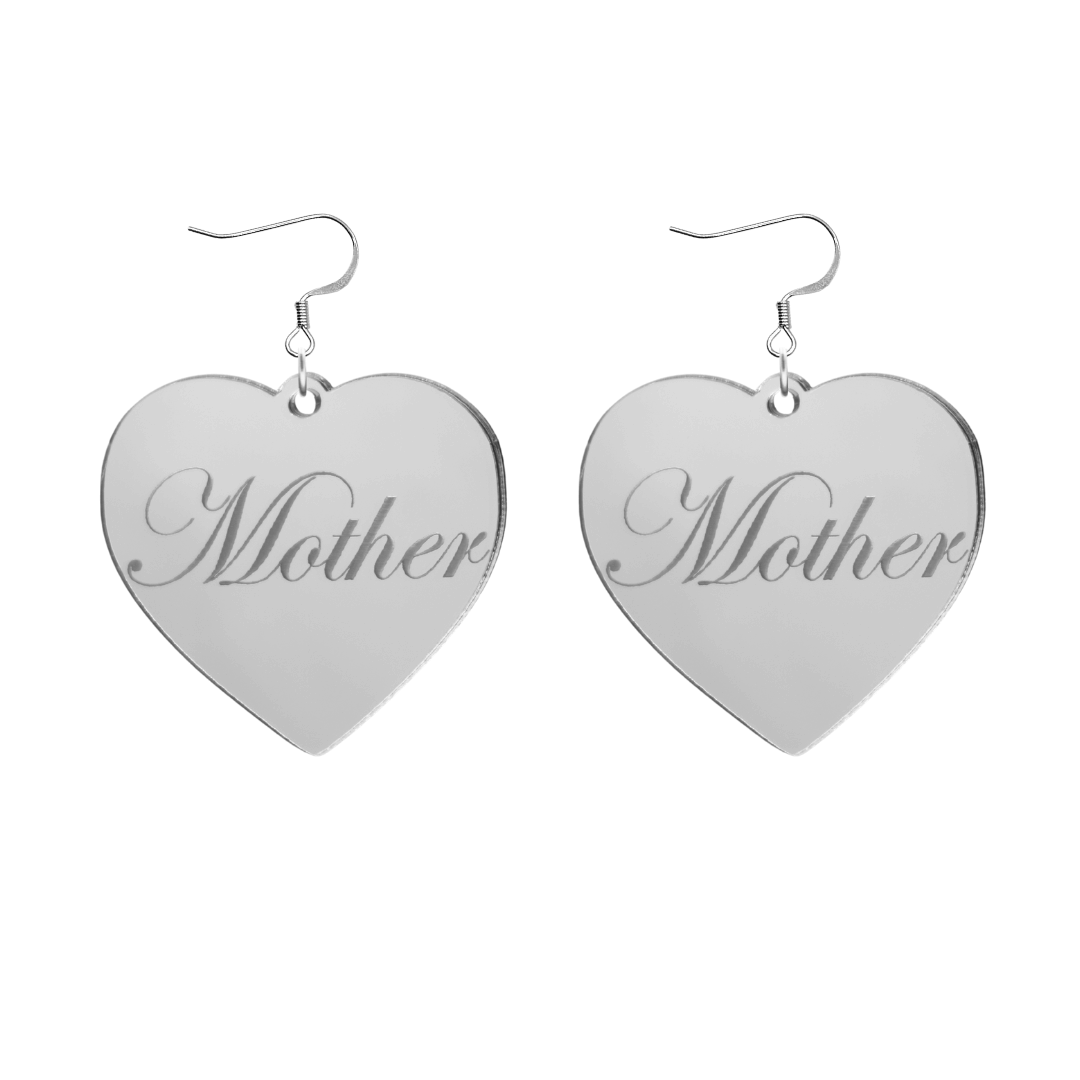 Heart-shaped silver mirror acrylic earrings with 'Mother' engraving on a white background
