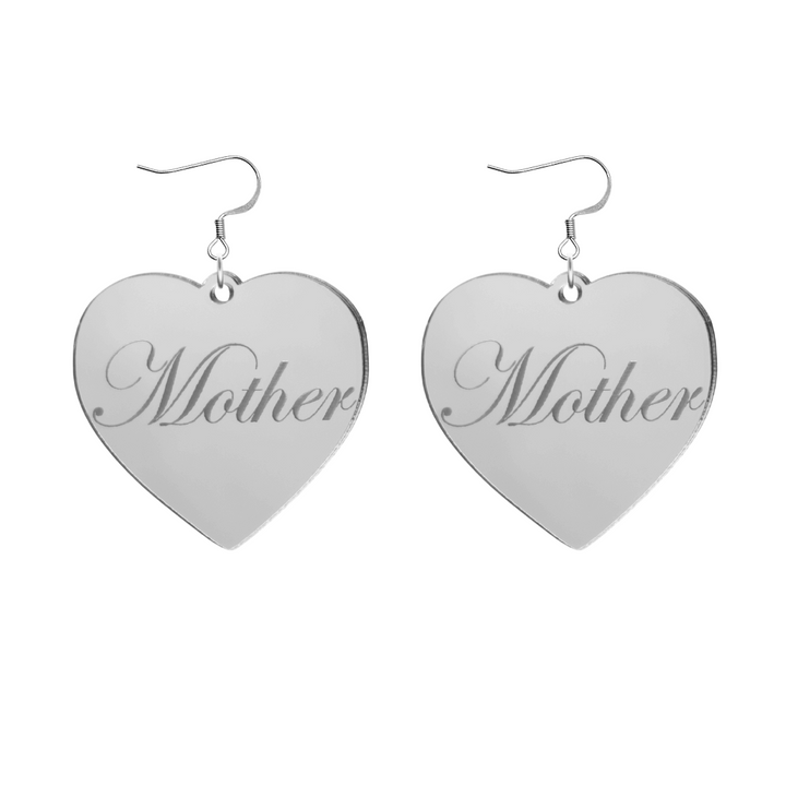 Heart-shaped silver mirror acrylic earrings with 'Mother' engraving on a white background
