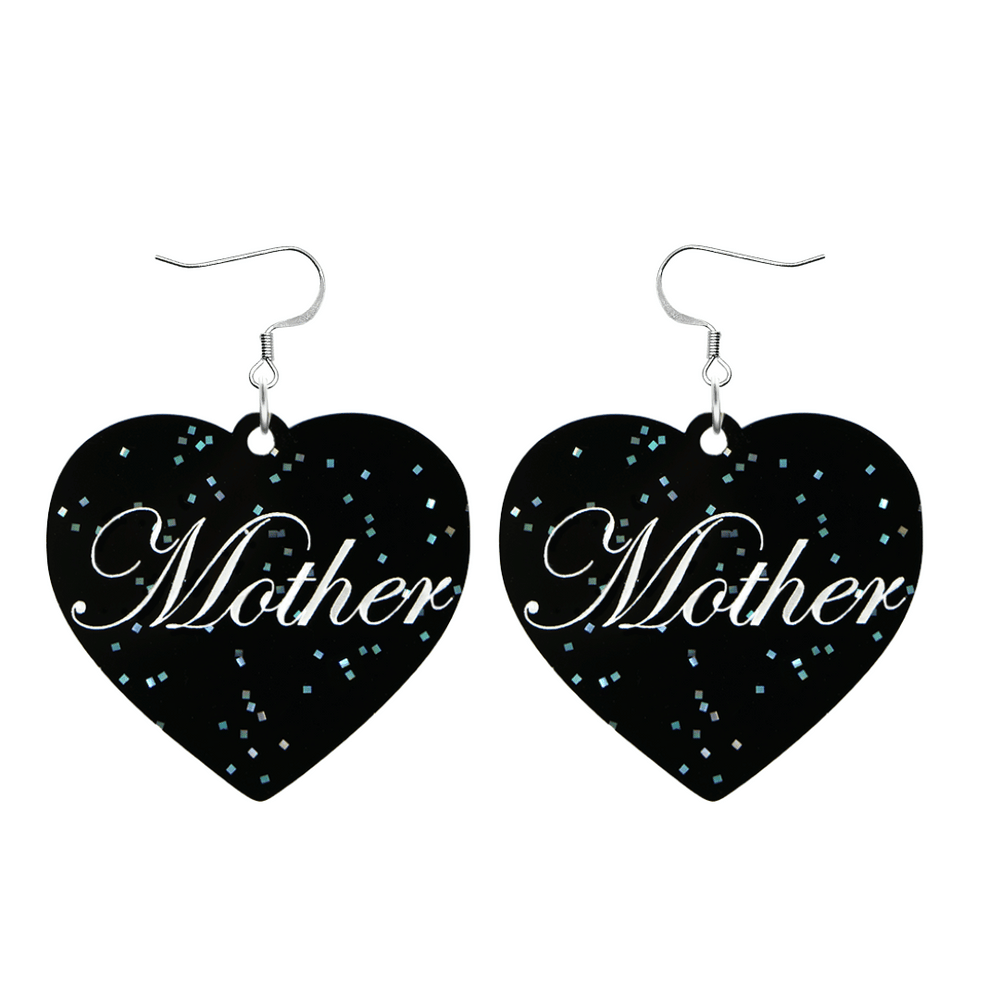 Black glitter Heart-shaped earrings with white text that says 'Mother', and silver hooks (no heart tops) on a white background