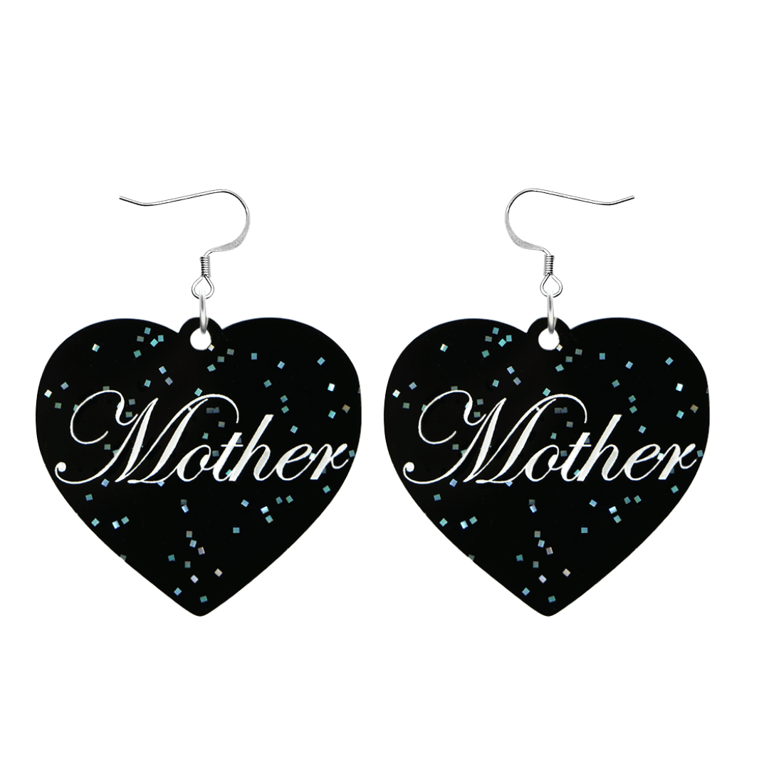 Black glitter Heart-shaped earrings with white text that says 'Mother', and silver hooks (no heart tops) on a white background