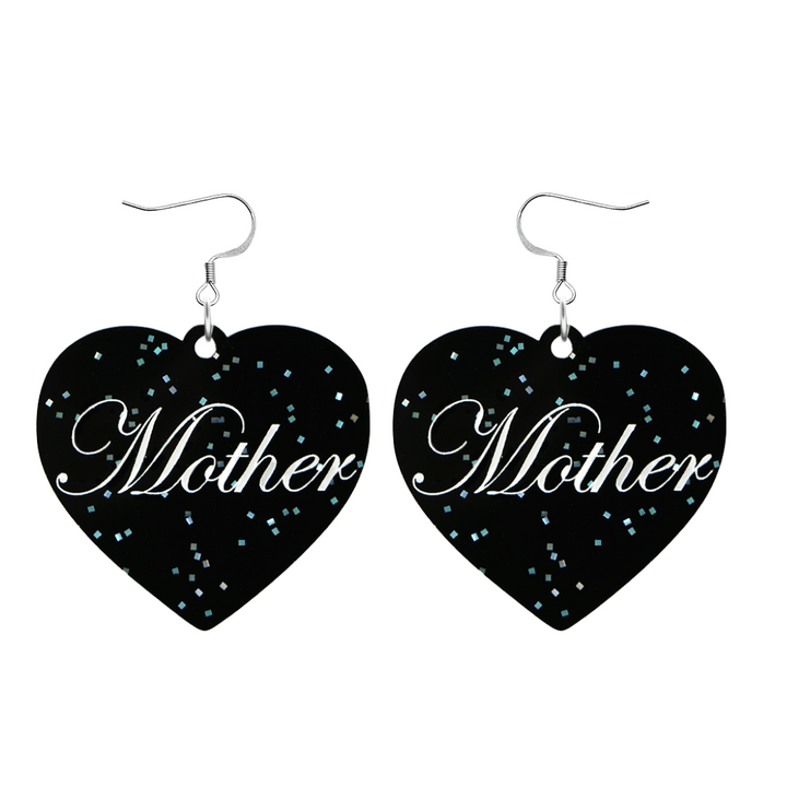 Black glitter Heart-shaped earrings with white text that says 'Mother', and silver hooks (no heart tops) on a white background